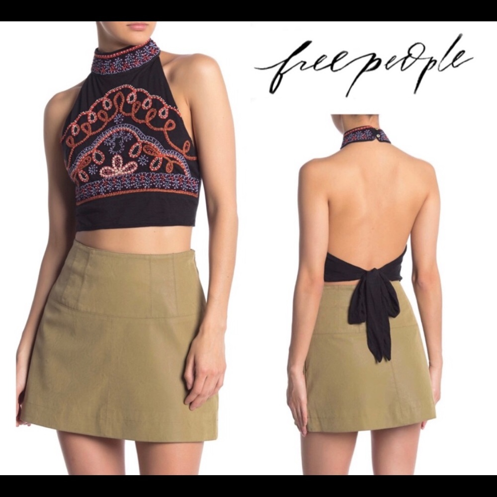 NWT Free People Goa Embroidered Crop Top Black